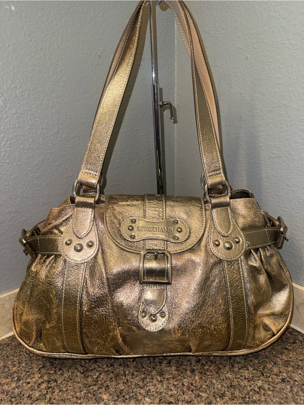 Longchamp rare Idole Metallic Gold Leather Buckle Shoulder Bag Y2K ✅AUTHENTIC